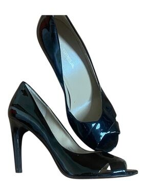 Via Spiga Black Patent Leather Peep Toe Heels Stiletto Pumps Size 6.5